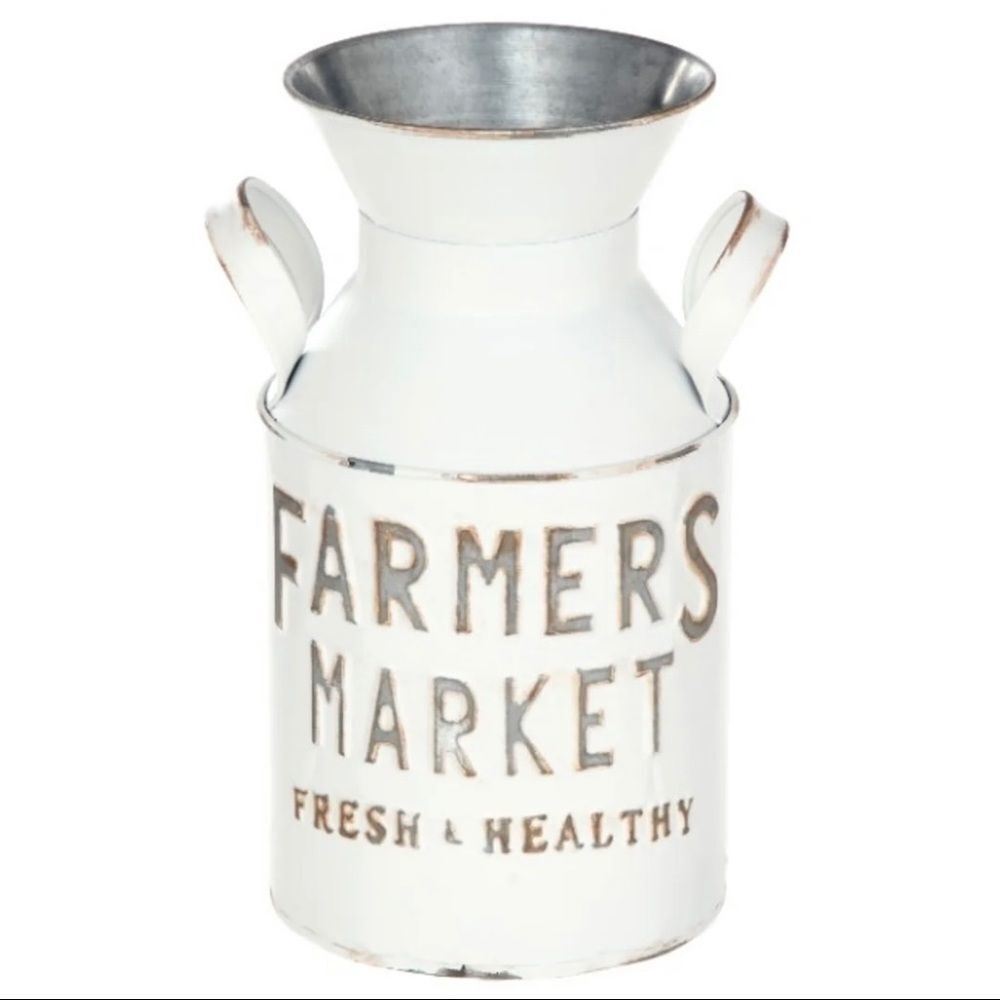 NWT Beautiful Farmers Market Metal Milk Jug vase Décor with Handles, White 10" H - Picture 2 of 15
